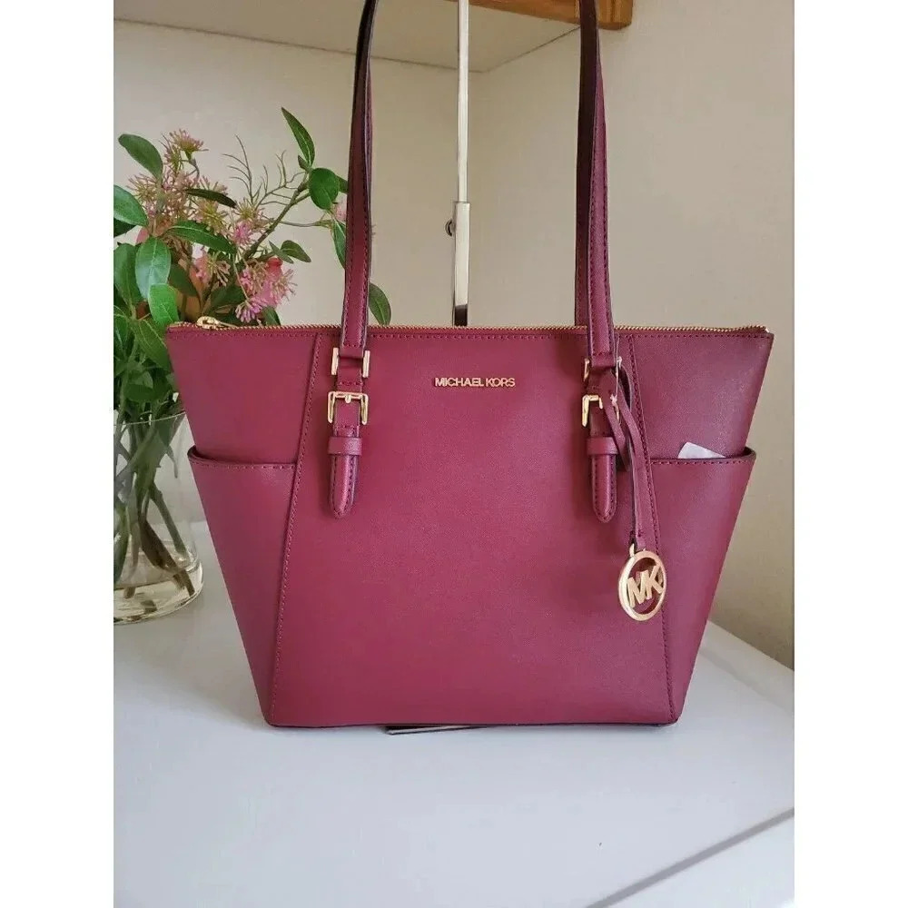 Michael Kors Charlotte Saffiano Leather Zip Tote Burgundy Wine Nwt